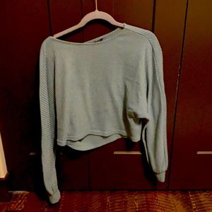 teal crop top with puffed sleeves